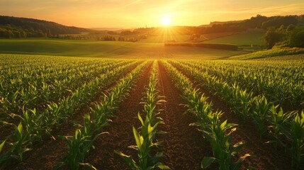 Rows of corn plants in a neatly organized field, with the sun setting in the background, casting a warm golden light over the landscape.