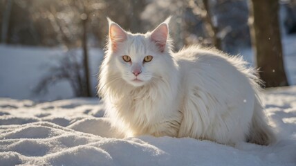 Snowy winter scene with Turkish Angora cat, natural sunlight