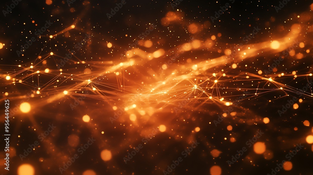 Poster abstract background with glowing orange particles and lines.