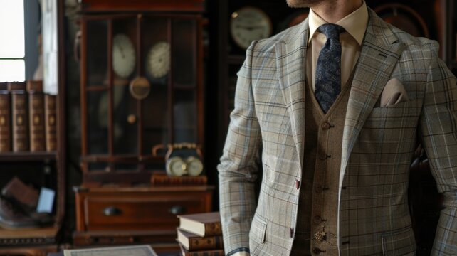man wearing a stylish plaid suit with a vest and tie, set against a vintage interior background featuring antique furniture and classic decor