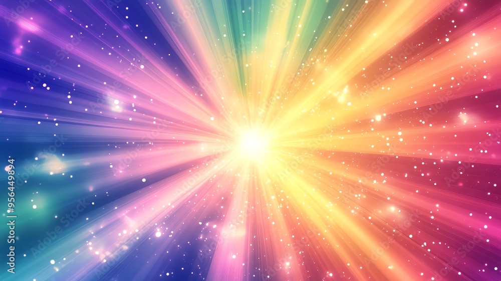 Poster abstract colorful burst of light with glowing particles.