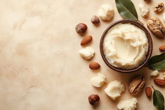 Sheabutter in a bowl with nuts. Perfect for promoting beauty, health, and wellness.