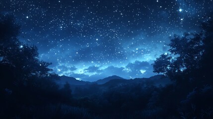 Fototapeta premium A starry night sky over a dark forest and mountains.