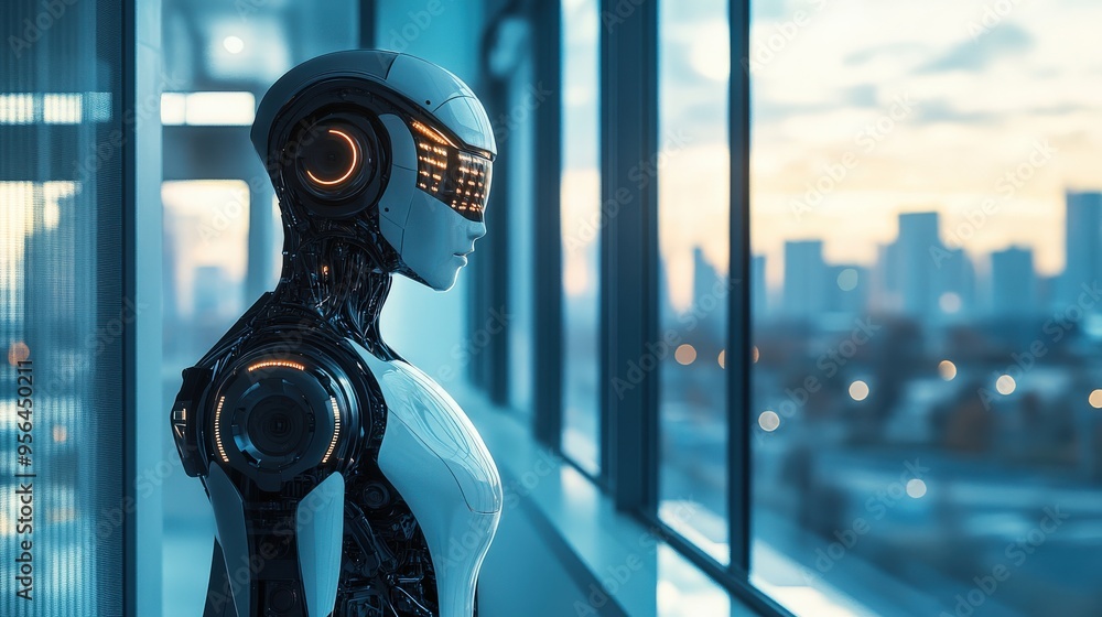Poster a humanoid robot with intricate features gazes out of a large window, reflecting the vibrant lights 