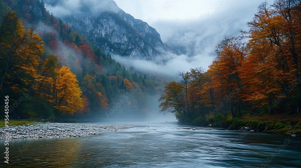 Aufkleber wild nature shot of mountain river in the mountains shrouded in clouds in autumn a foggy autumn morn