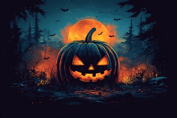 halloween horror background, moon, halloween pumpkin, bat night scene