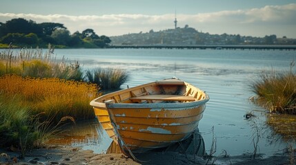A white rowboat sits on the shore of a lake with a city in the background.