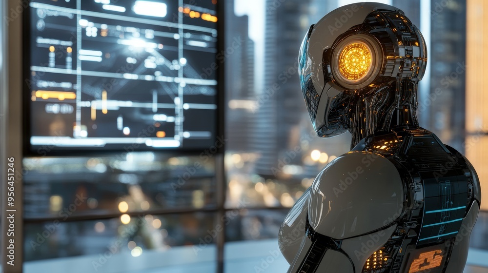Poster the advanced robot stands in a high-tech environment, engrossed in analyzing data displayed on a lar