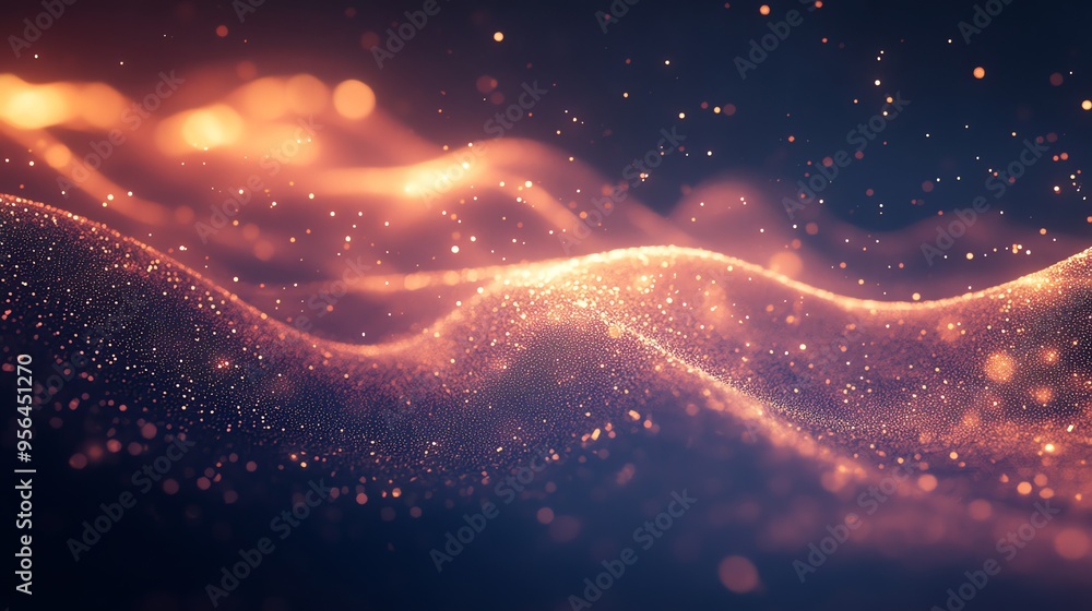 Poster abstract background with a shimmering, glowing wave of particles.