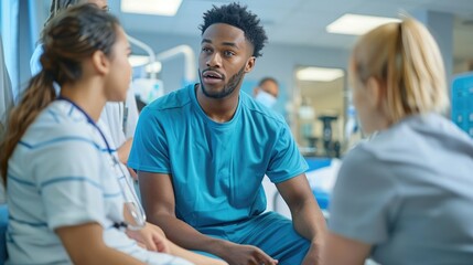 Healthcare professionals discussing patient care in a hospital, focusing on collaboration and communication within the medical team.