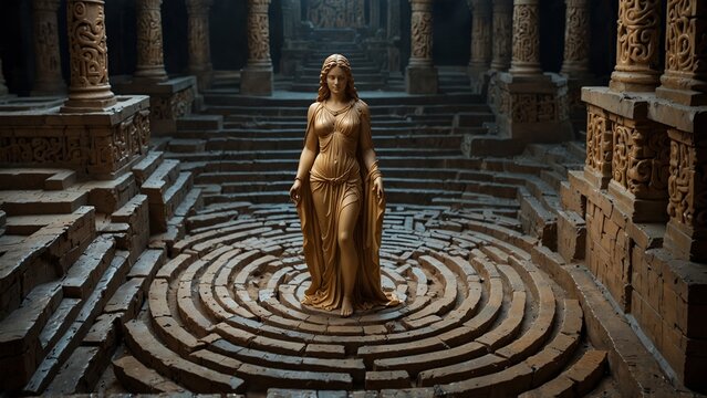 A statue of Ariadne standing in the center of a labyrinth, holding a golden thread, with a maze of intricate stone walls as the background.