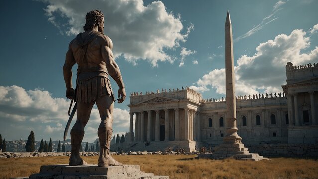 A statue of Euryalus standing before a majestic palace, holding a battle-axe, with a vast plain in the background.