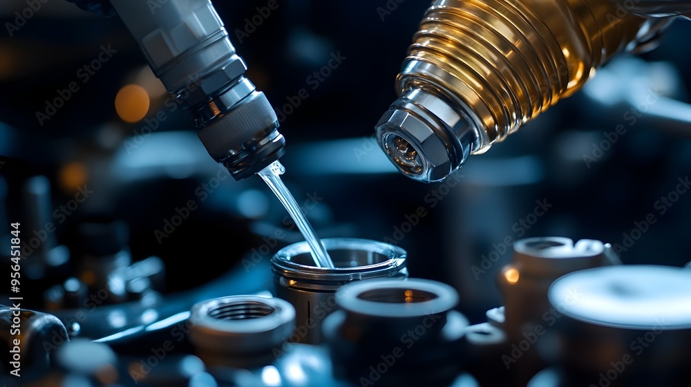 Poster closeup macro photography of a mechanic s hand applying lubricating fluid to an automotive or machin