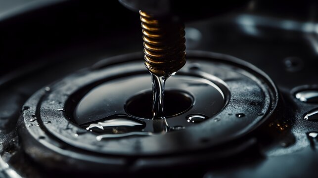 Macro photography of an opened car brake fluid reservoir cap showcasing the intricate metal threads and the reflective liquid within