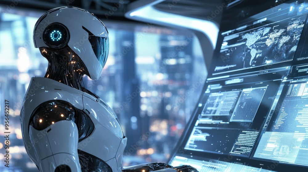 Poster a sleek humanoid robot engages with an illuminated control panel displaying complex data and charts,
