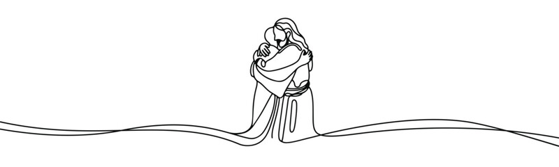 Vector icon in flat style of one line on white background with the image of Jesus who embraces a sinner
