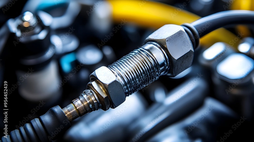 Aufkleber macro photography of a spark plug wire connection showcasing the detailed metallic connector and wir