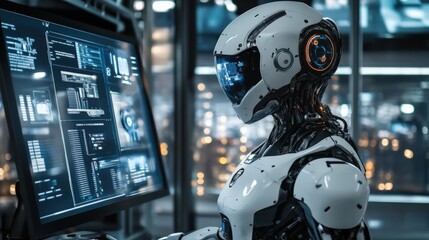 Fototapeta premium A sophisticated robot engages with a touchscreen interface, processing complex data in a modern laboratory filled with glowing screens and advanced technology late at night