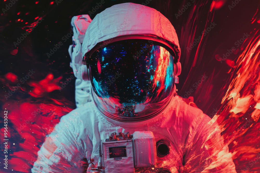 Sticker astronaut wearing helmet against abstract cosmic background. man in spacesuit with neon lighting and