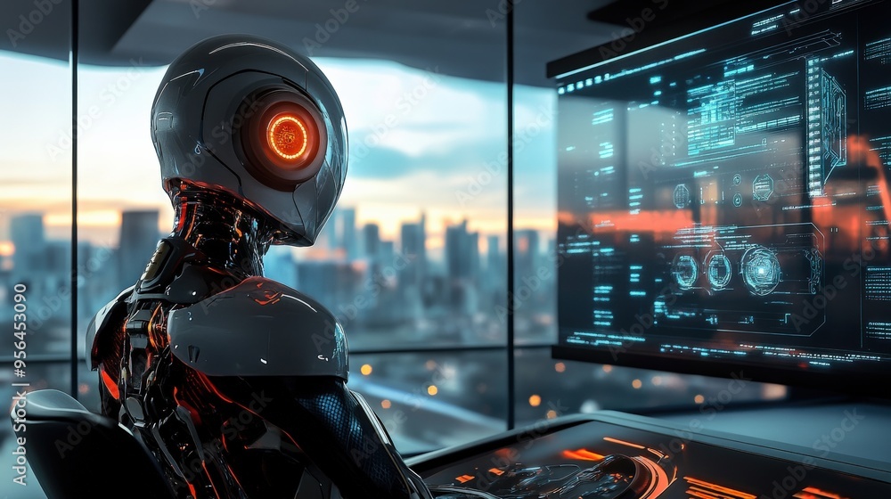 Poster an advanced robot interacts with a high-tech interface while positioned in a sleek office, observing