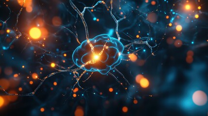 Abstract depiction of glowing DNA strands with vibrant blue and red colors on a blurred background. Concept of genetics and molecular science