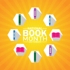 National Book Month. October. Holiday concept. Template for background, banner, card, poster with text inscription. Vector illustration
