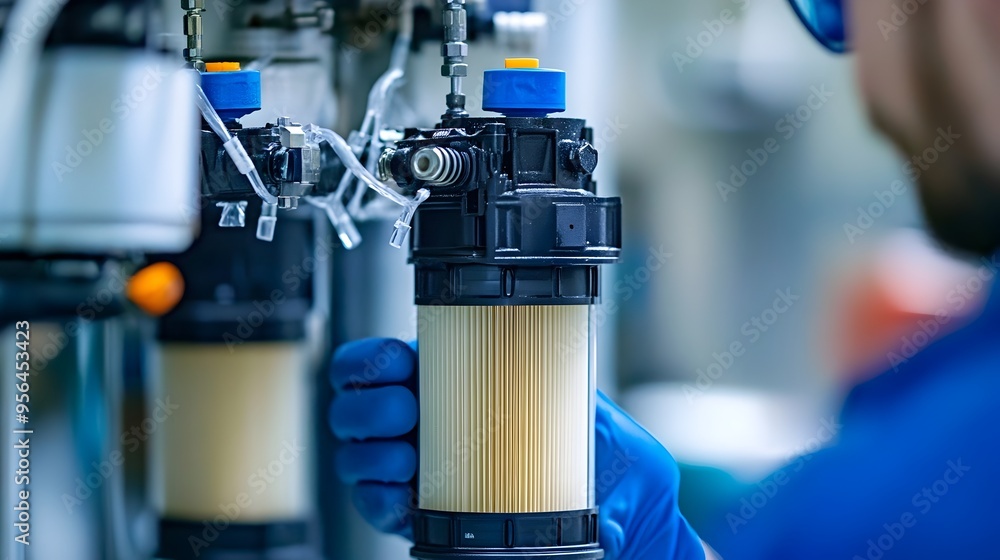 Poster macro photography capturing the detailed view of a water filter cartridge being installed into a uni