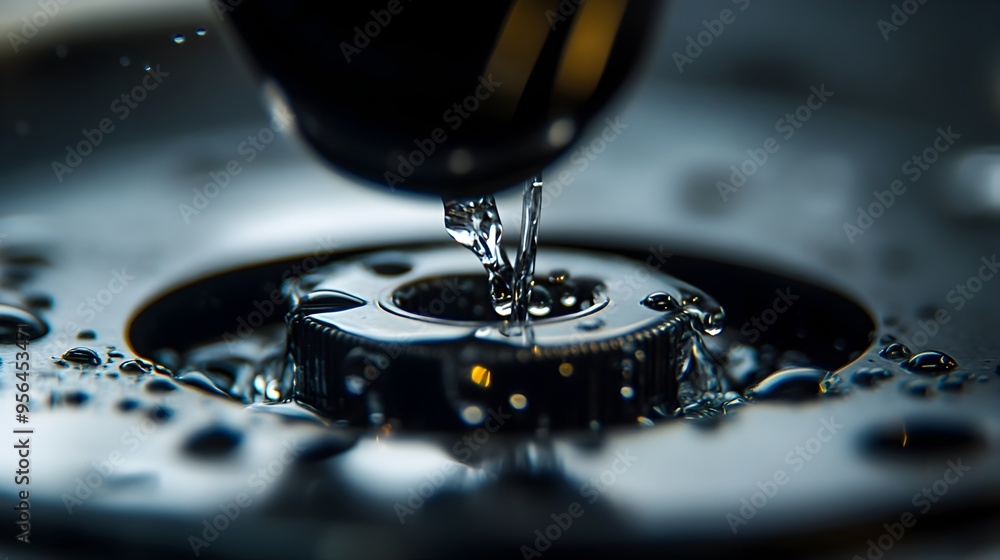 Poster macro photography of a water filter housing being tightened focusing on the intricate threads and ru