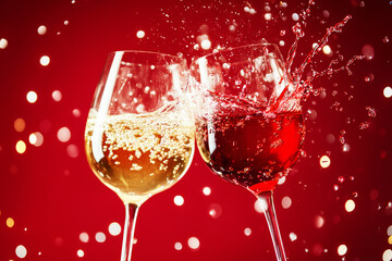 Red and white wine glasses clinking together with sparkling bubbles on red bokeh background