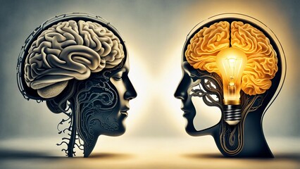 Obraz premium Duality of Thought, a brain divided into two halves