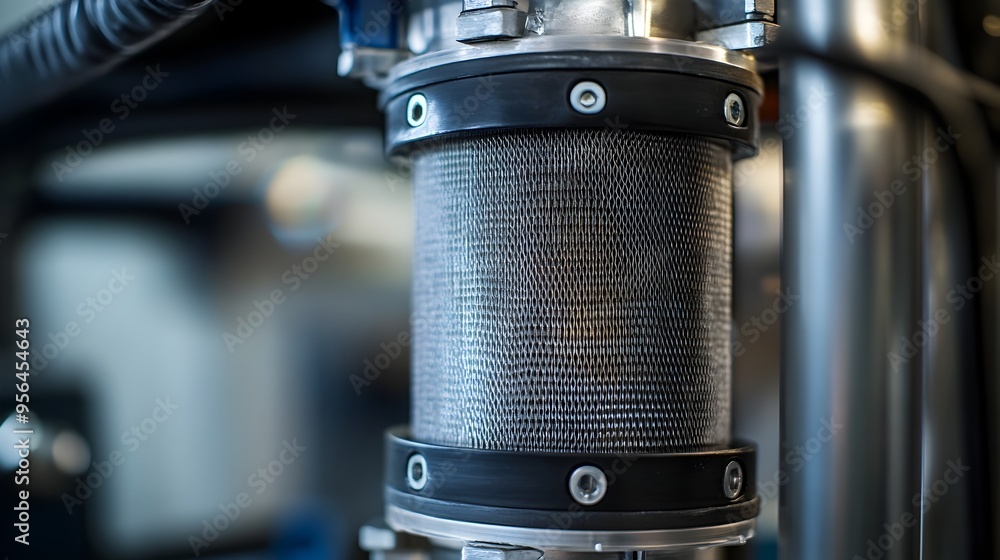 Poster macro photograph showcasing the intricate details of a sediment filter installation with a focus on 