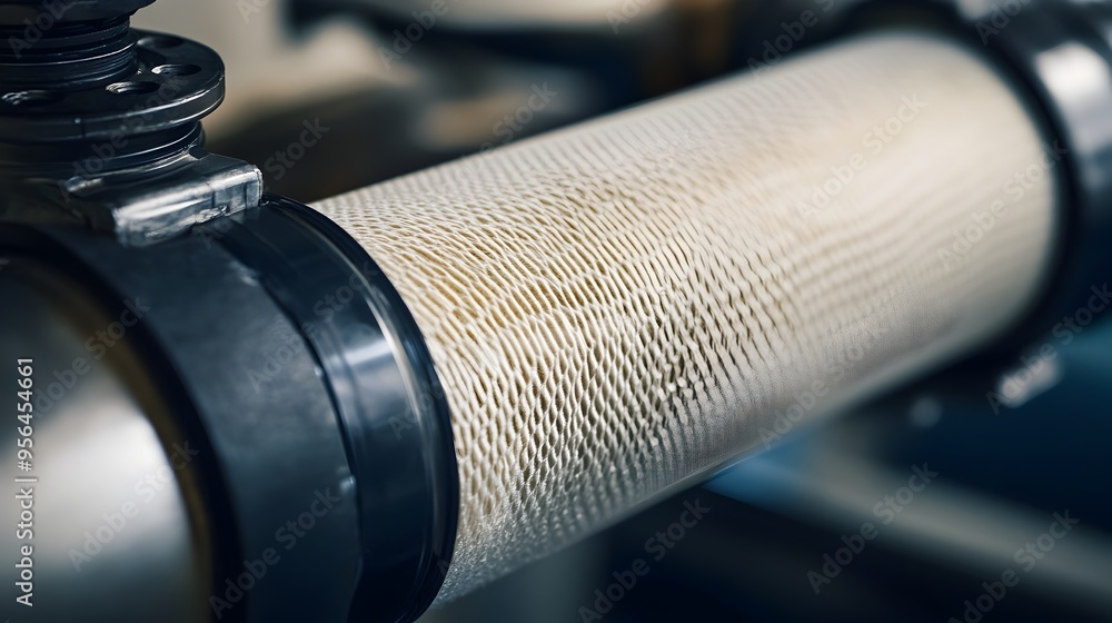 Poster macro closeup photography of a sediment filter being installed focusing on the fine mesh screen and 