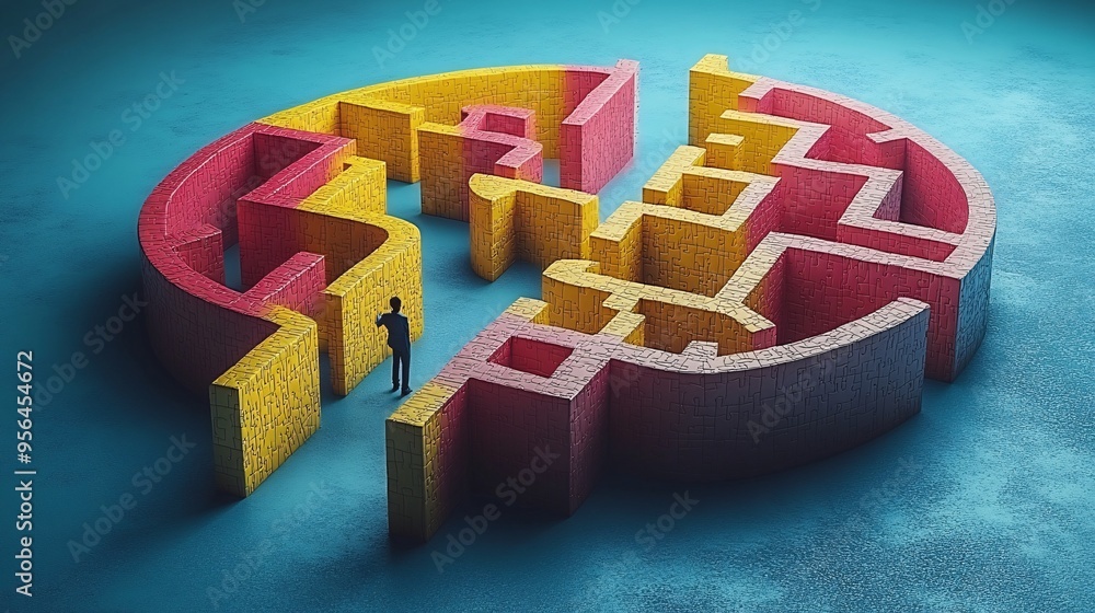Poster creative 3d problem-solving: person assembling puzzle pieces and navigating maze for strategic solut