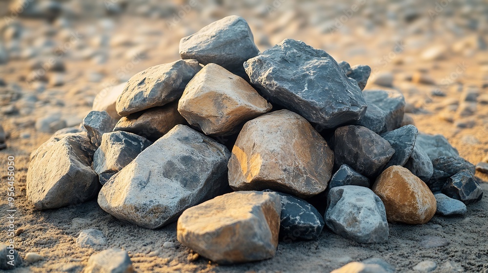 Poster a pile of rocks sitting on bare ground The rocks are all different sizes and colors with some being round and smooth and others being angular and rough : Generative AI