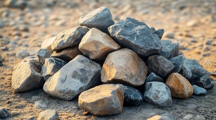a pile of rocks sitting on bare ground The rocks are all different sizes and colors with some being round and smooth and others being angular and rough : Generative AI