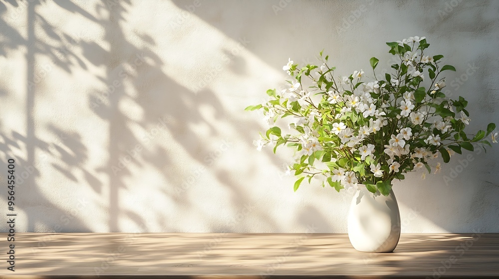 Poster table background of free space and kitchen interiorwhite wall with shadows and sunny warm morning ti