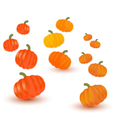 Cute 3D pumpkins, isolated transparent PNG. Orange, yellow decoration, cartoon vegetables, glowing, plastic texture pumpkins. Fall sticker clipart for presentation, infographics.