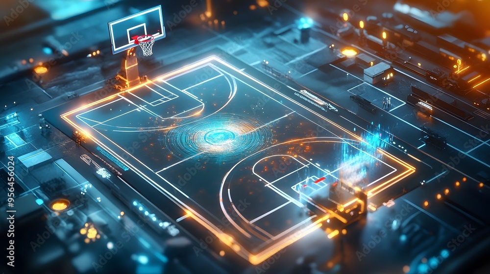 Poster Futuristic Basketball Court with Glowing Lines and Lights.