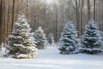 Fototapeta premium A serene winter landscape with snow-covered trees in a tranquil forest setting.