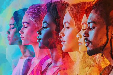 Diverse Group People. Vibrant Watercolor Style. Blending of Cultures Ethnicities. Close-up Shot Showing Diversity and Inclusion.