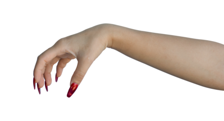 Female hand with red nails manicure isolated on transparent background, PNG Format