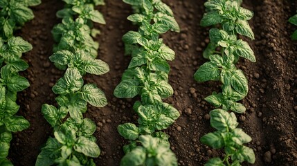 Obraz premium Tomato plantation in stripes irrigated by drop aerial view flyover : Generative AI