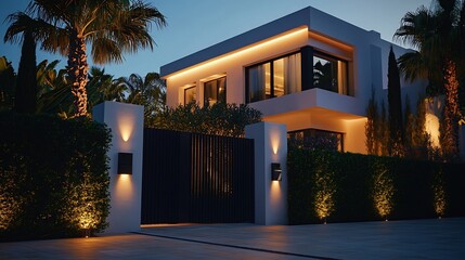 Sotogrande Spain  January 23 2024  A modern house at night illuminated by exterior lights with a black gate and lush green hedge : Generative AI