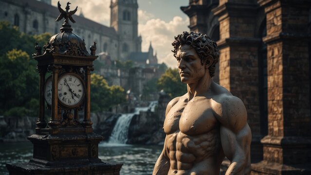 A statue of Cronus standing beside an ancient clock tower, holding an hourglass, with a rapidly flowing river of time as the backdrop.