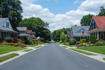 Naklejka premium Peaceful Suburban Street with American Flags. AI generated illustration