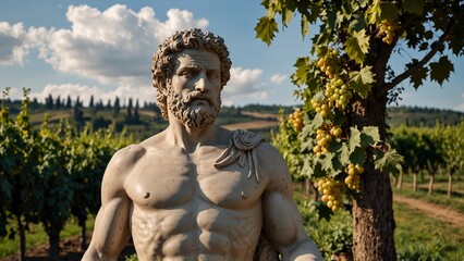 A statue of Dionysus standing in a vineyard, holding a goblet, with a grand revelry in the background.