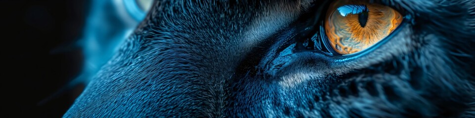 Panoramic banner with close up portrait of a black cat with intense yellow eyes, emphasizing the mystery and beauty of this feline. Poster and wallpaper