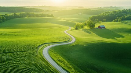 Aerial a peaceful farm landscape with neat rows of crops, a winding dirt road, and a traditional red barn in the distance, all bathed in the warm light of late afternoon