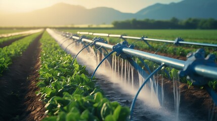 A close-up of a water-efficient irrigation system in an agricultural field, promoting sustainable water use in farming practices.