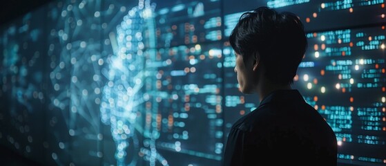 A man in a black shirt stands before a futuristic screen showing digital data with a brain image and binary code, hinting at cybersecurity or data analysis in a cool, professional setting.